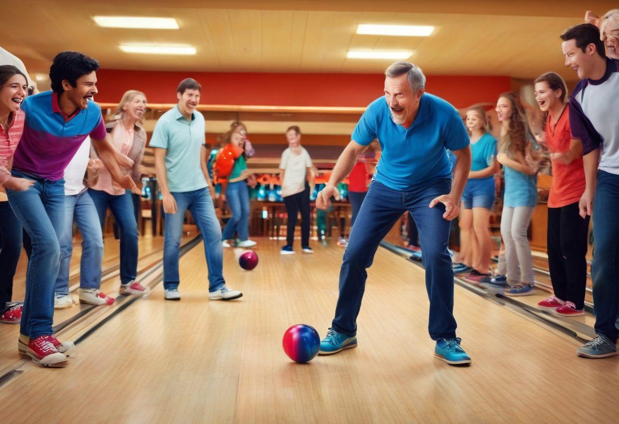 A vibrant scene depicting a diverse group of bowlers of various ages and backgrounds sharing tips and laughing together in a bowling alley, glowing bowling balls and colorful shoes scattered around. The atmosphere is filled with energy, showcasing a mixture of competitive spirit and camaraderie. Include bowling pins in motion, capturing the excitement of the game. Add elements like trophies and posters of famous bowlers in the background. vibrant colors. super-realistic.