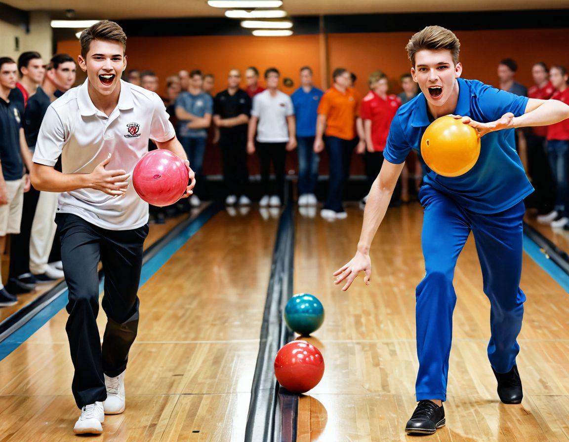 A dynamic scene of an amateur bowler transitioning into a professional, with a split image showing a training session on one side and a high-stakes tournament on the other. The left side features a young bowler practicing in a local alley, while the right side showcases their triumphant moment at a championship, surrounded by cheering fans and trophies. Bright, motivational colors add energy to the image. digital art. vibrant colors. 3D.