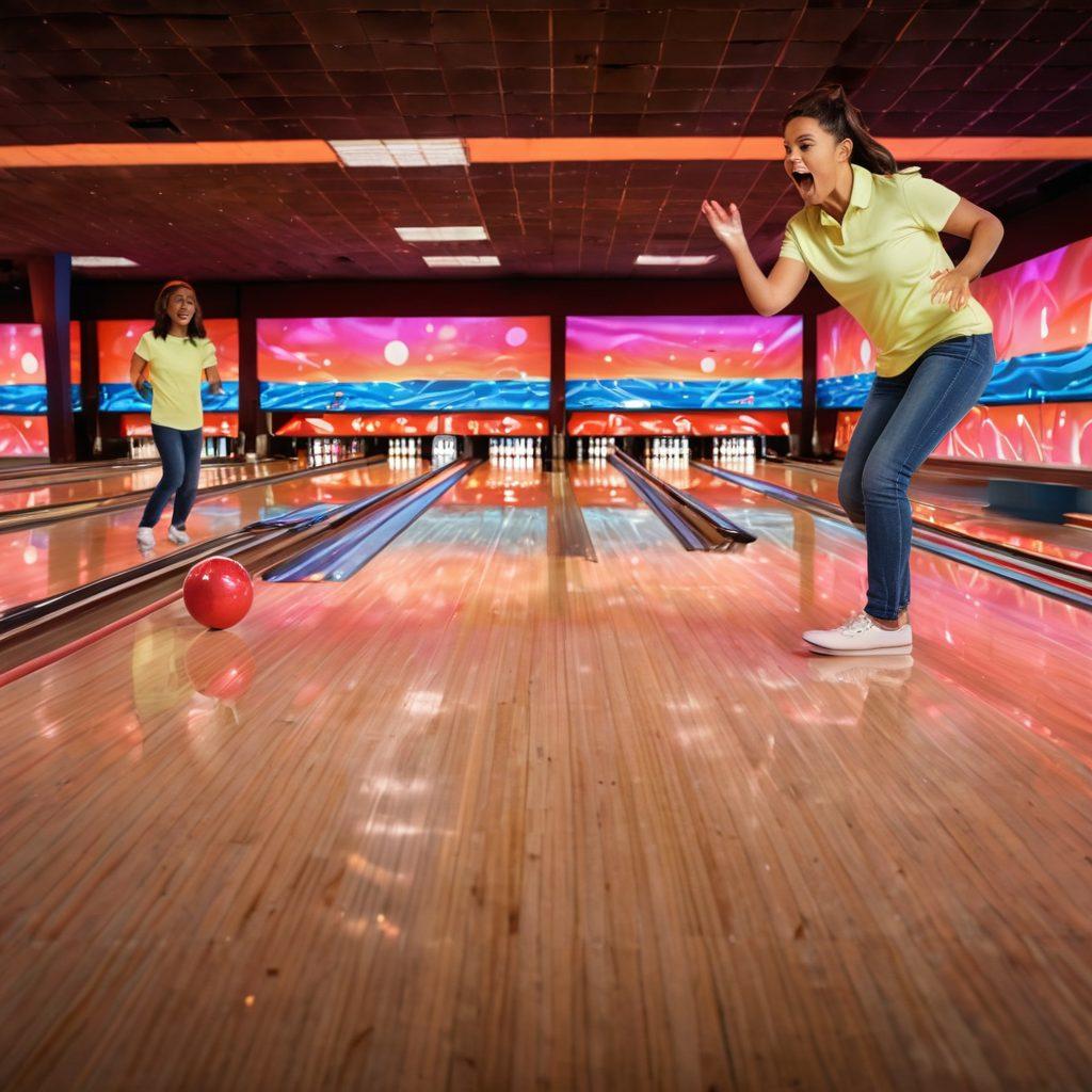 An action-packed scene of a diverse group of enthusiastic bowlers in a vibrant bowling alley, showcasing various techniques while playing. Bright neon lights illuminate the space, with bowling pins flying and colorful balls rolling down the lanes. Laughter and excitement fill the atmosphere, capturing the joy of the sport. super-realistic. vibrant colors. dynamic composition.